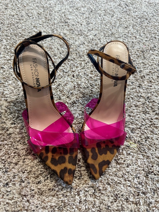 Fashion Nova Shoes - Fashion Nova Leopard Pointed Heels with Hot Pink Clear Straps